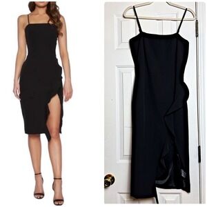 Bardot Women's Black Ruffle Slit Midi Dress Square Neck Spaghetti‎ Strap US 6/S